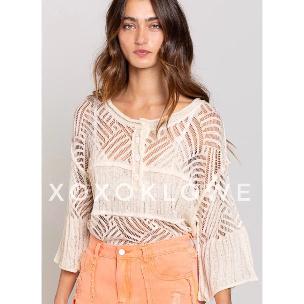 POL Open Weave Loose Knit Half Button Top